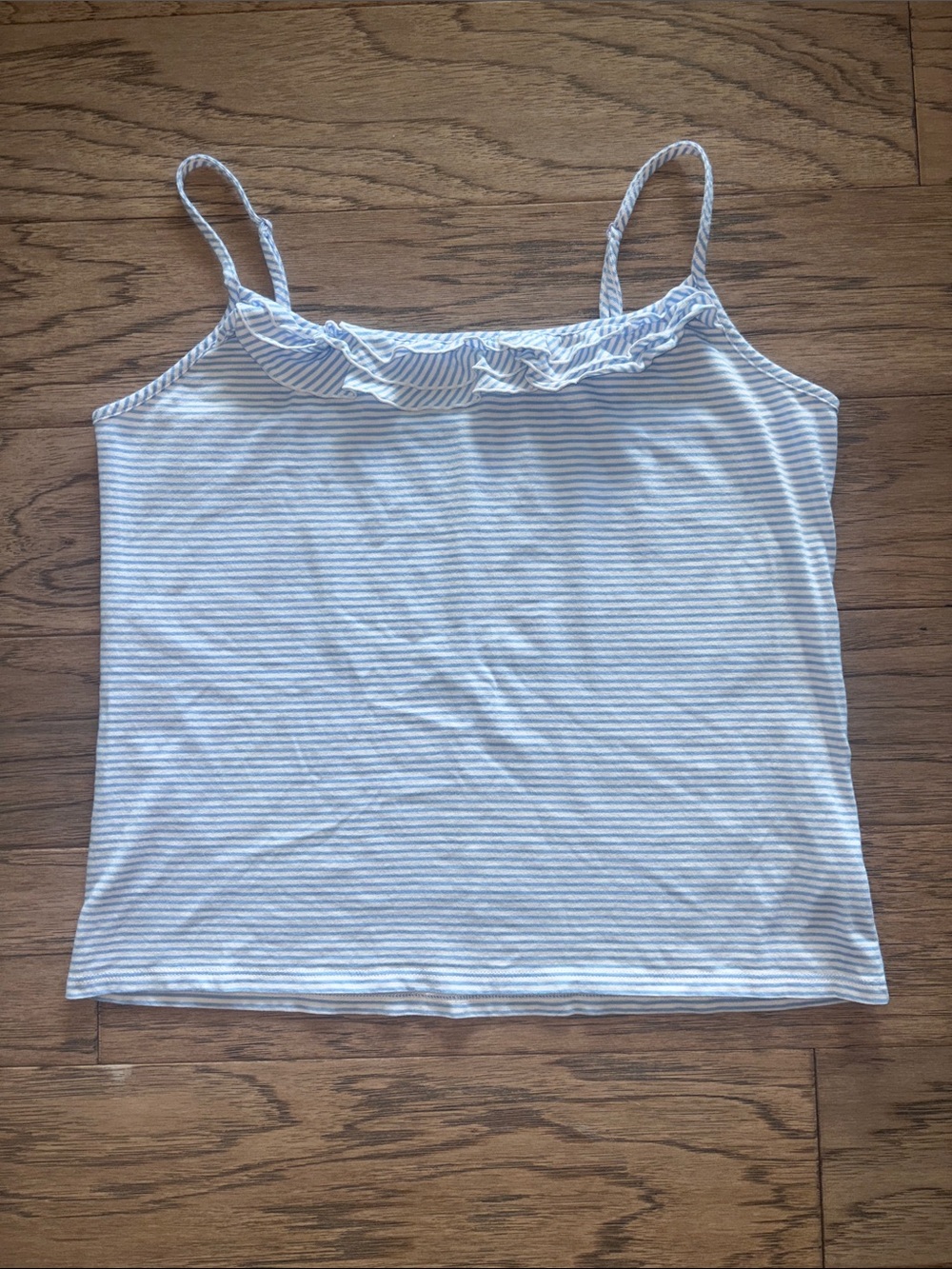 Talbots Striped Ruffle-Trim Spaghetti Strap Tank Top - Light Blue/White Large